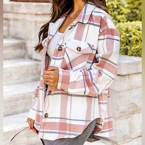 🆕🌿🩷LOVE TREE: MAUVE Long Sleeve Plaid Oversized Shacket Coat SMALL